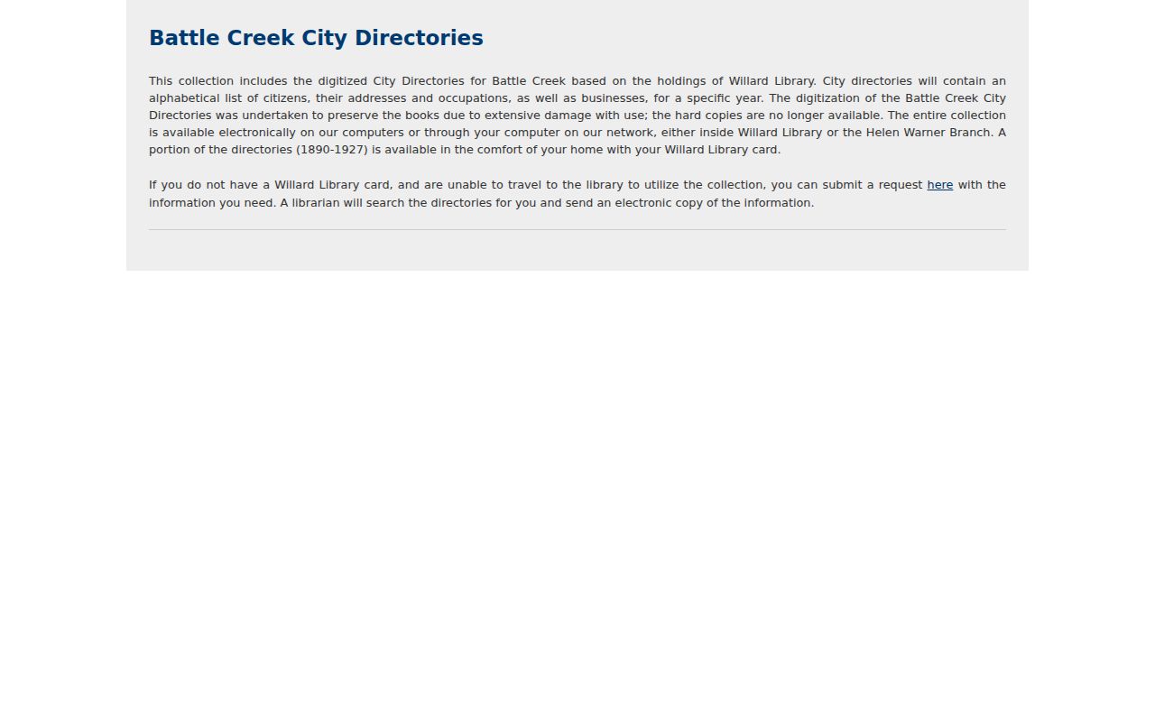 Battle Creek city directory digitized collection access screen