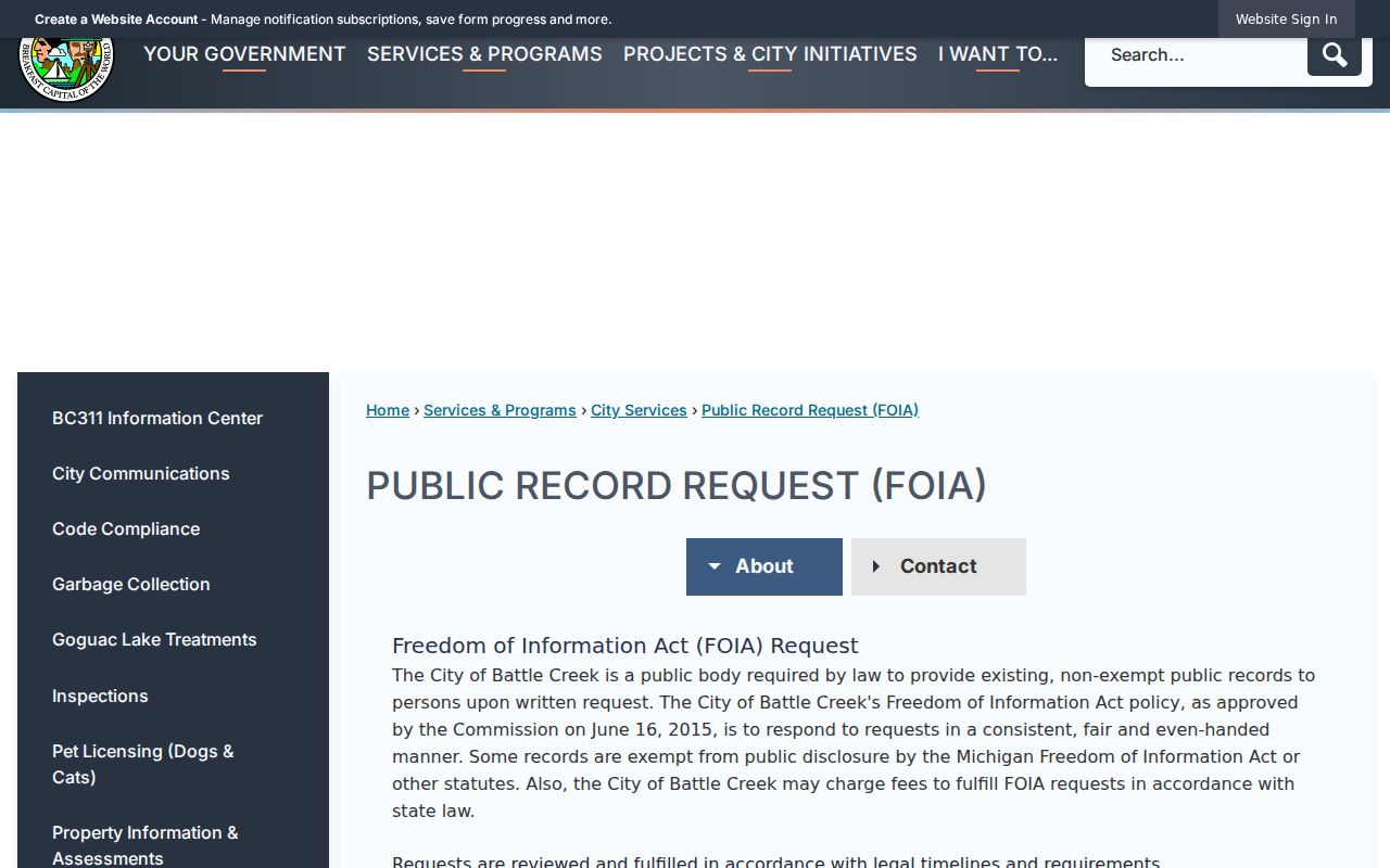 Battle Creek residents directory city FOIA request route