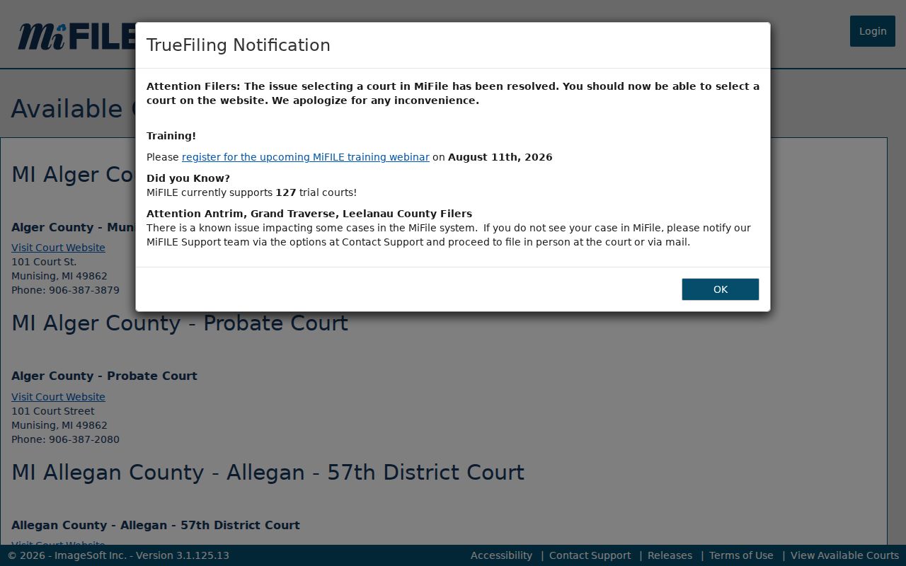 Battle Creek resident lookup court list showing Michigan e-filing available courts